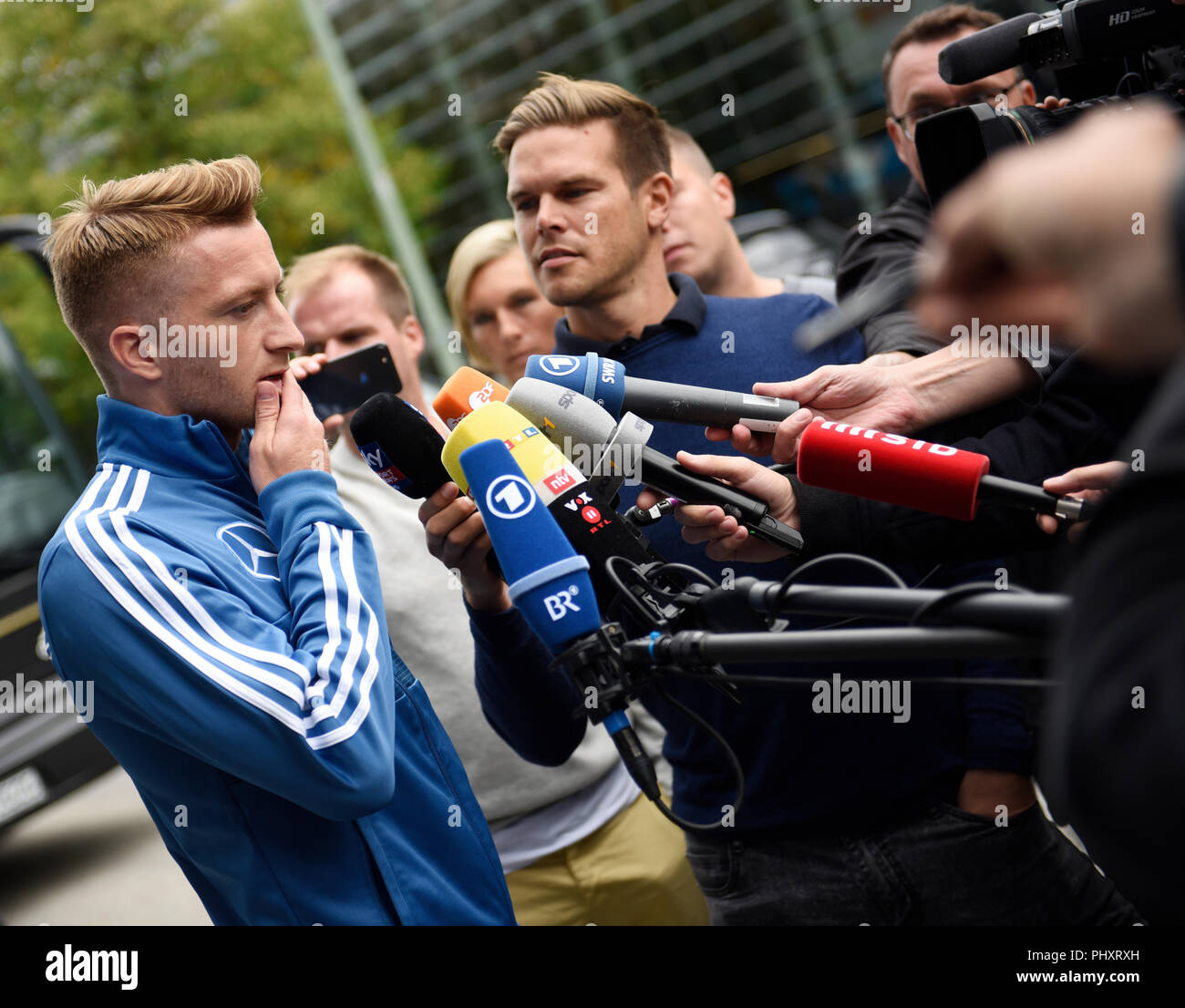 München, Deutschland. 3. September 2018. Deutsche Fußball-Nationalmannschaft. Marco Reus gibt ein Interview vor dem Team Hotel vor den Länderspielen gegen Frankreich und Peru. Foto: Angelika Warmuth/dpa Quelle: dpa Picture alliance/Alamy leben Nachrichten Stockfoto