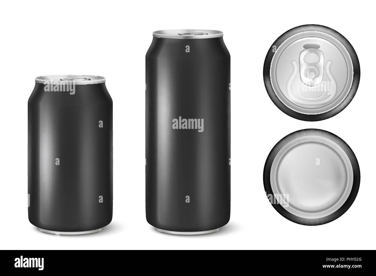 Vektor realistische 3D-Schwarz leer glänzende Metall Aluminium schwarz Bier Pack oder können Visual 330 ml 500 ml. Für Bier, Alkohol, Soft drink, Soda, fizzy Pop, Limonade, Cola, Energy Drinks, Säfte, Wasser usw. Symbol closeup Set isoliert onwhite Hintergrund. Design Vorlage der Verpackung Mockup für Grafiken. Vorne, Oben und hinten Stock Vektor