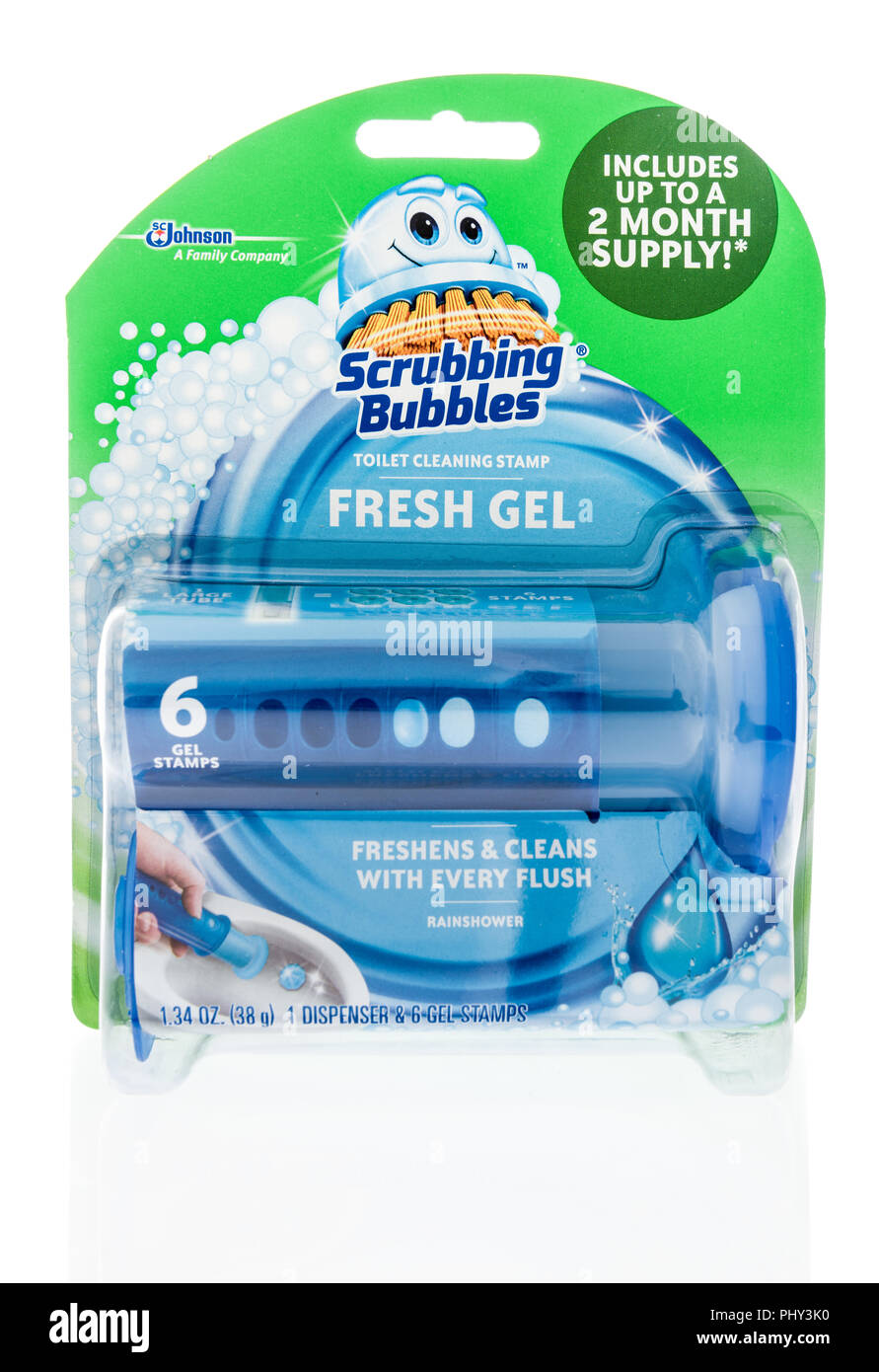 Winneconne, WI - 2. September 2018: ein Paket von Scrubbing bubbles frisch Schüssel wc Reiniger auf einem isolierten Hintergrund Stockfoto