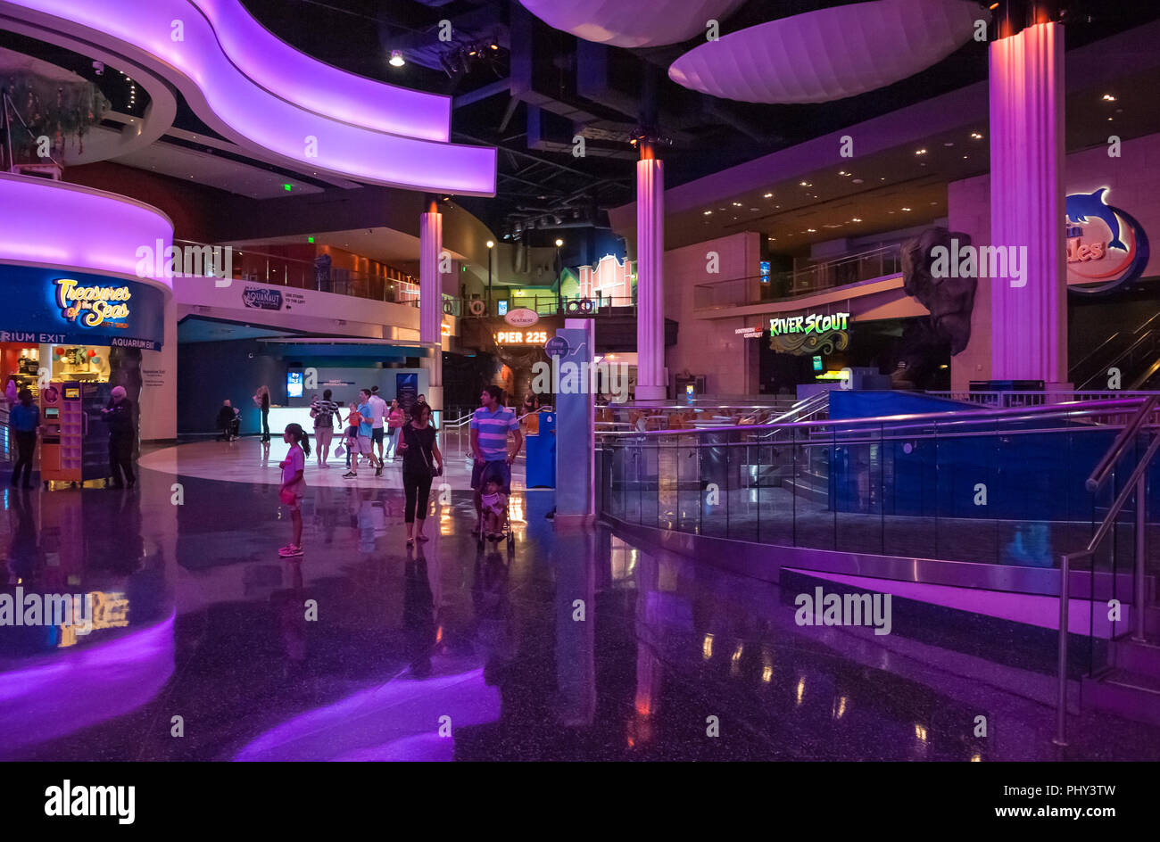 Central Plaza Das Georgia Aquarium verfügt über eine bunte Welle Wand, die den Raum badet in wechselnden Farben des Lichts. (Atlanta, Georgia, USA) Stockfoto