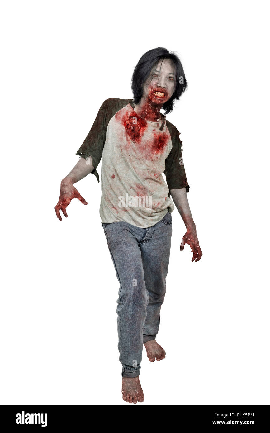 Beängstigend zombie Mann mit Händen für Kratzen, die auf weißem Hintergrund Stockfoto