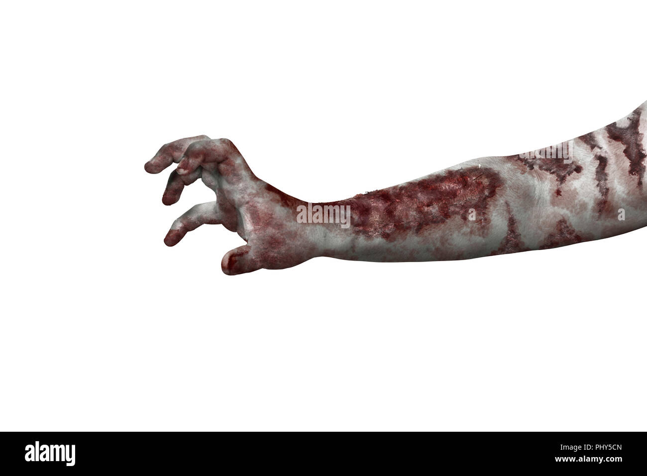 Zombie Hände mit Wunde auf weißem Hintergrund Stockfoto