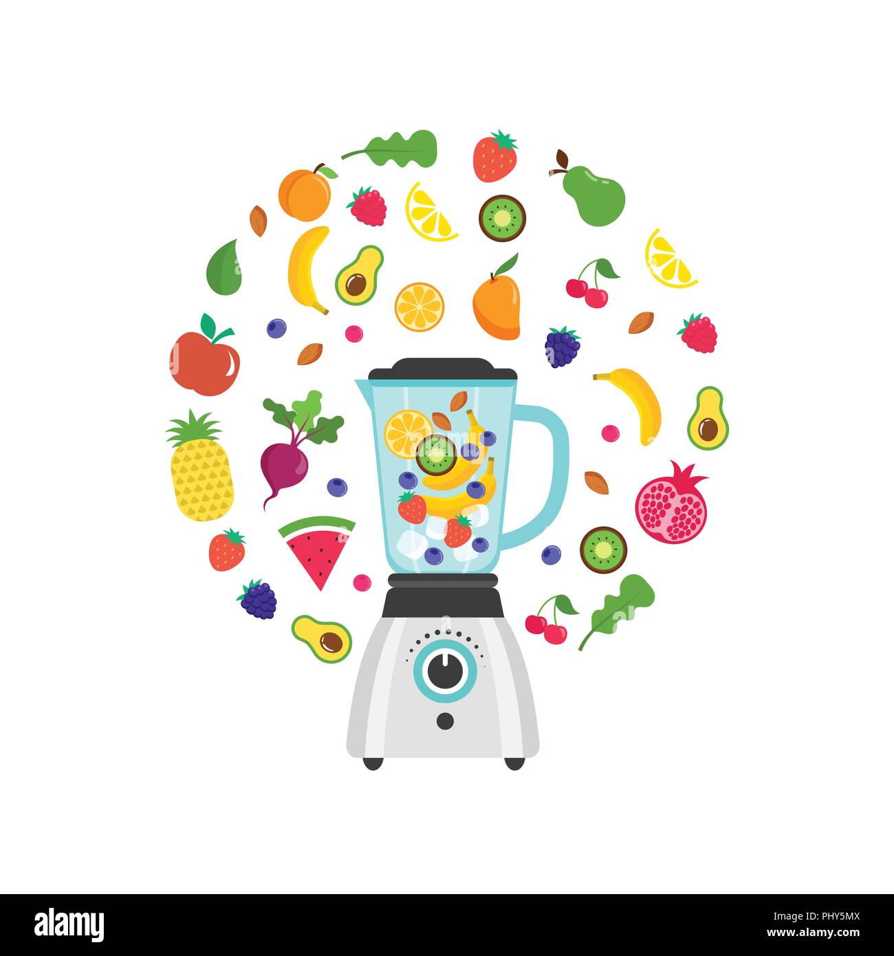 Mixer mit Smoothie, Obst schütteln, mit einer Reihe von Vektor Früchte und Beeren Stock Vektor