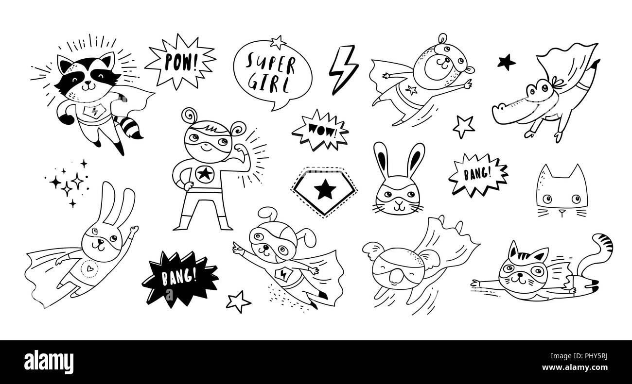 Superhelden niedlichen hand Tiere, Katze, Hund, Panda, Bär und Krokodil Vector schwarz und weiße Zeichen gezeichnet Stock Vektor