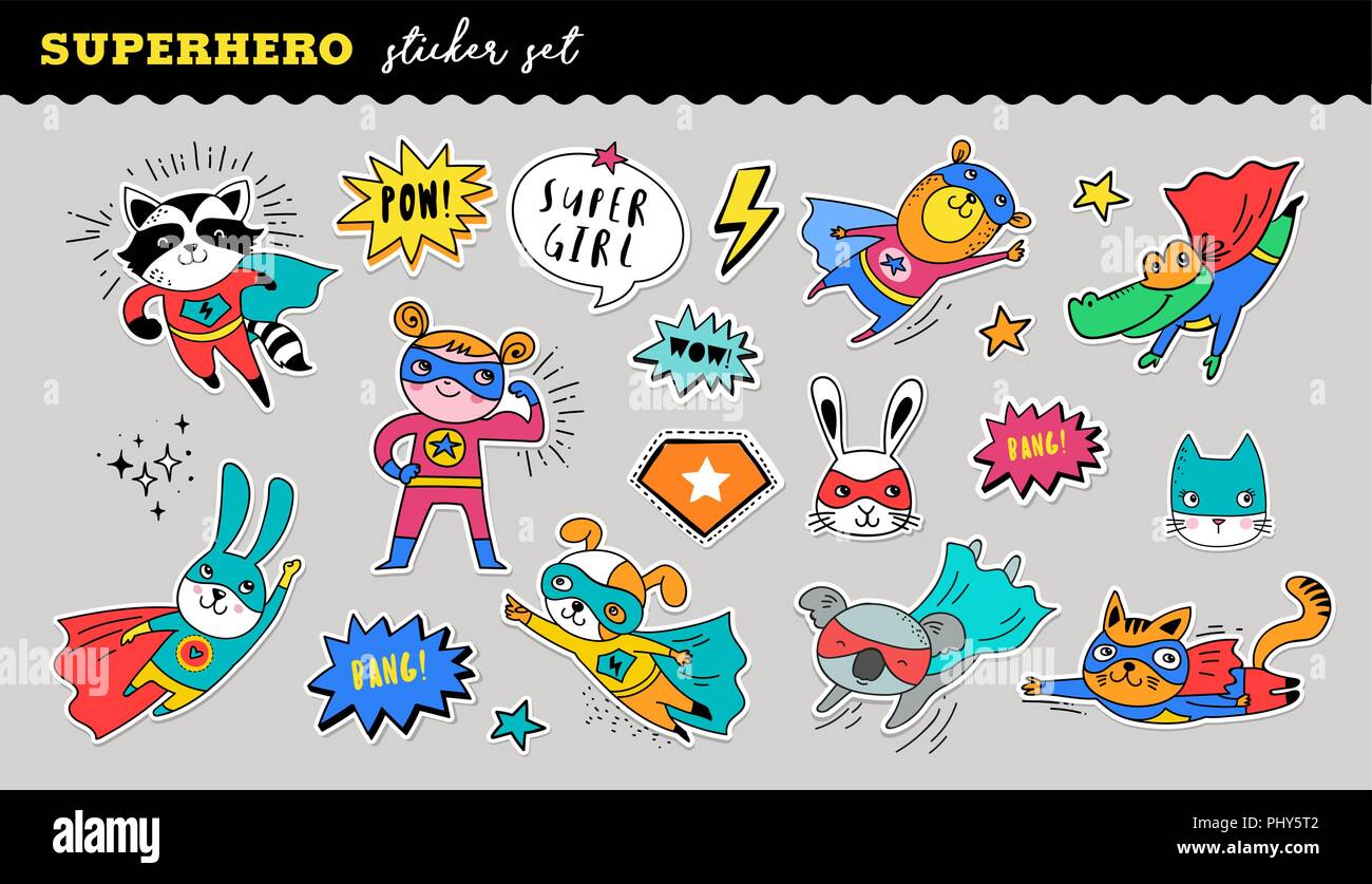 Superhelden Tiere niedliche Sticker Collection. Vektor hand Illustrationen gezeichnet Stock Vektor