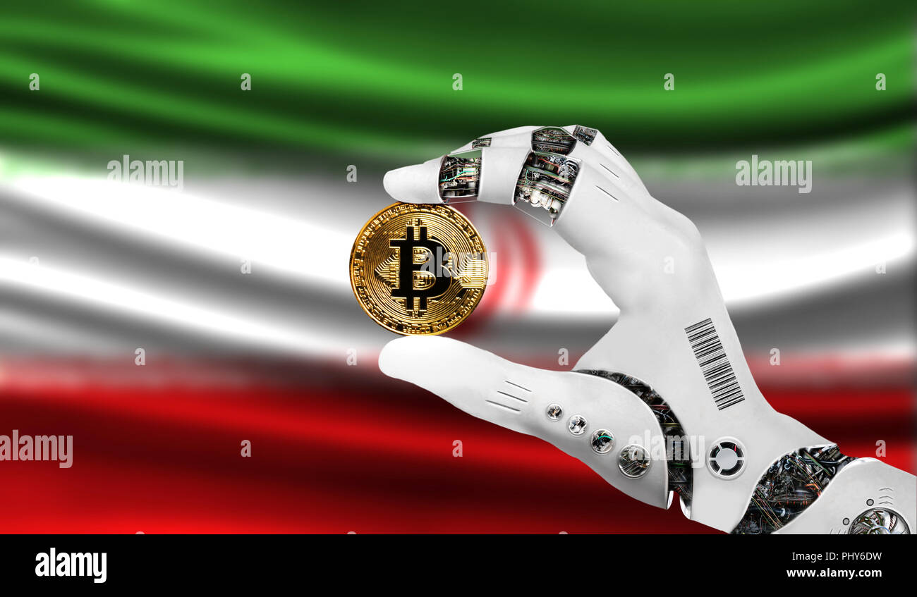 Crypto Währung bitcoin in der Hand des Roboters, der Begriff der Künstlichen Intelligenz, Hintergrund Flagge von Iran Stockfoto
