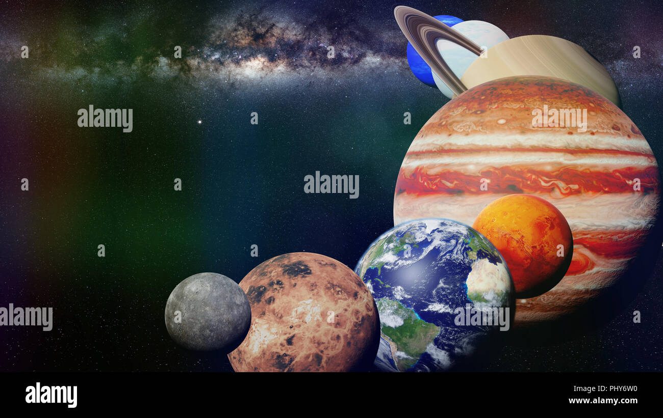 Die Planeten des Sonnensystems mit der Milchstraße im leeren Raum Stockfoto