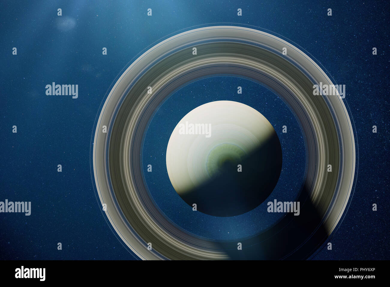 Planet Saturn ist der sechste Planet im Sonnensystem von der Sonne beleuchtet, Ansicht von oben Stockfoto