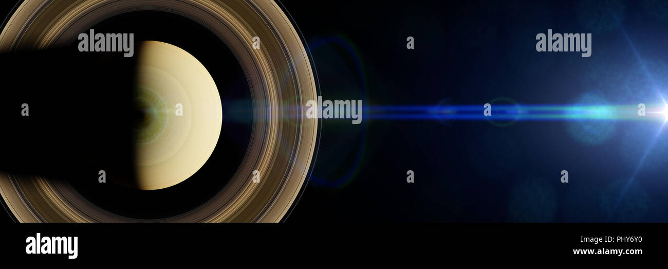 Planet Saturn ist der sechste Planet im Sonnensystem von der Sonne beleuchtet, Ansicht von oben Stockfoto