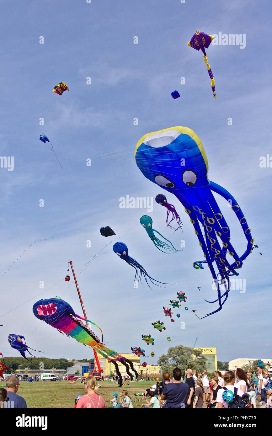 Lemwerder, Deutschland - 18. August 2018 - Die großen blauen Drachen in der Form eines riesigen Oktopus am Lemwerder Drachenfest fliegen Stockfoto