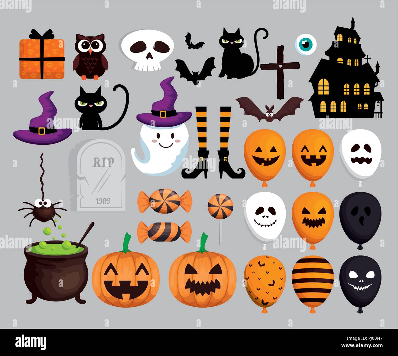 Happy Halloween Karte mit Symbolen Stock Vektor