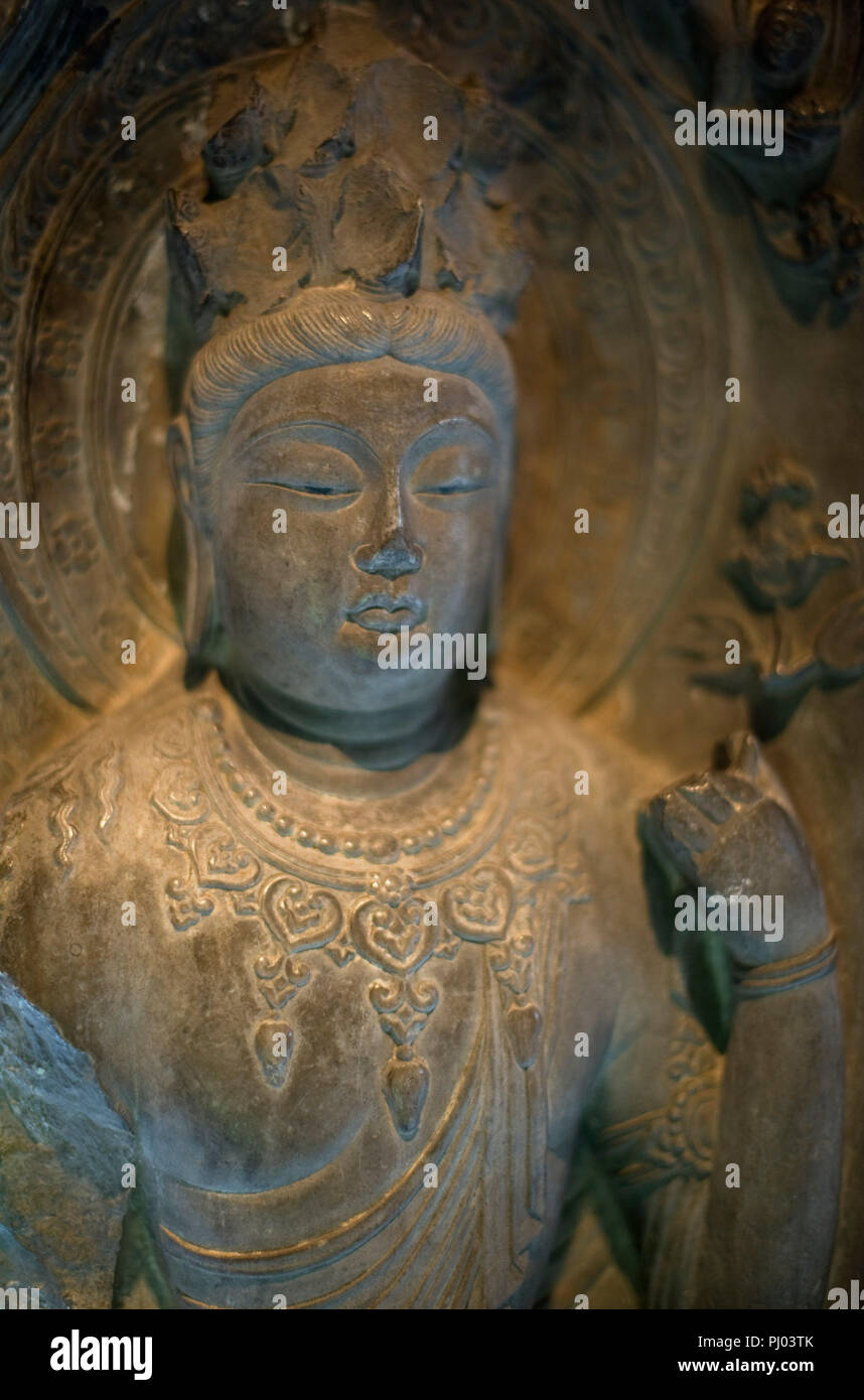 Foto zeigt ein Detail der elf-köpfige Guanyin, die ein wichtiges Kulturgut ernannt worden und stammt aus dem 7. Jahrhundert, auf disp Stockfoto