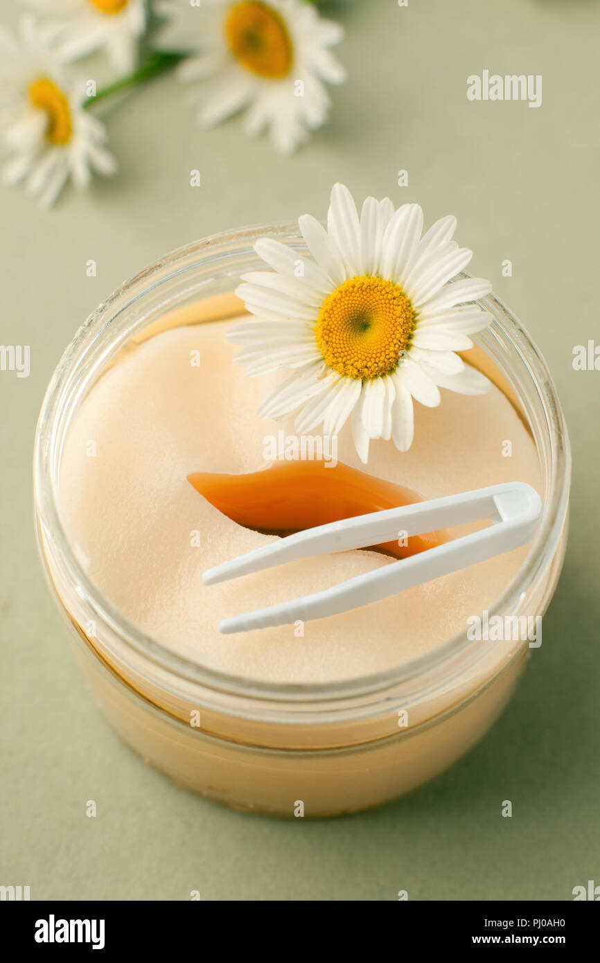 Pflanzliche Produkte zur Schönheitspflege. Augen Pads mit Kräuterextrakt, Kamillenblüten, Konzept der Bio Pflanzen Kosmetik Produkt. Stockfoto