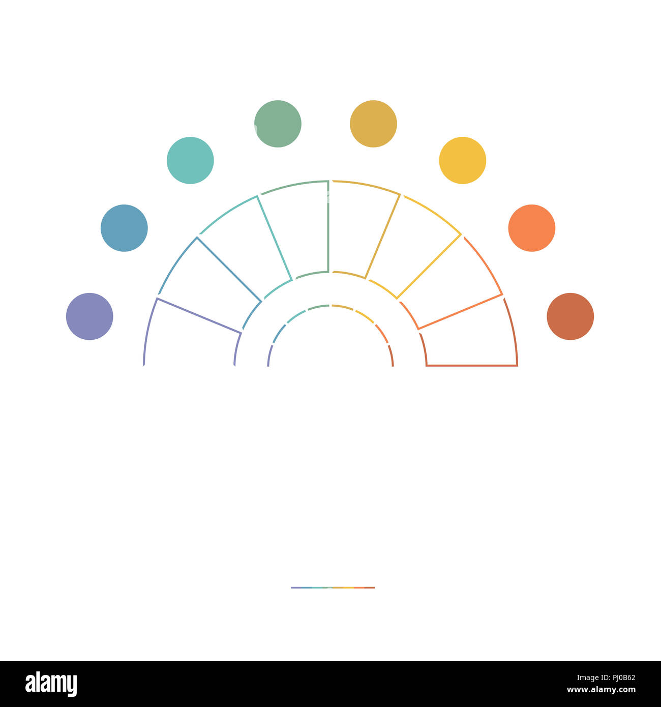 Bunte Kreisdiagramm Halbkreis. Infografik Vorlage mit Textbereichen für 8 Positionen auf weißem Hintergrund. Stockfoto