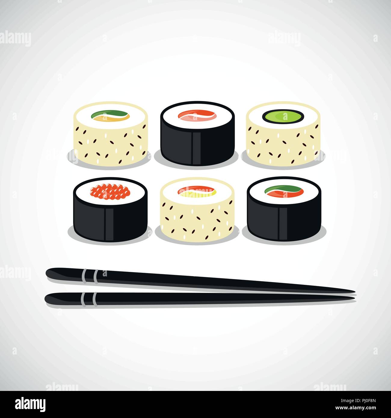 Bunte Sushi Set von verschiedenen Arten Stäbchen Vektor-illustration EPS 10. Stock Vektor