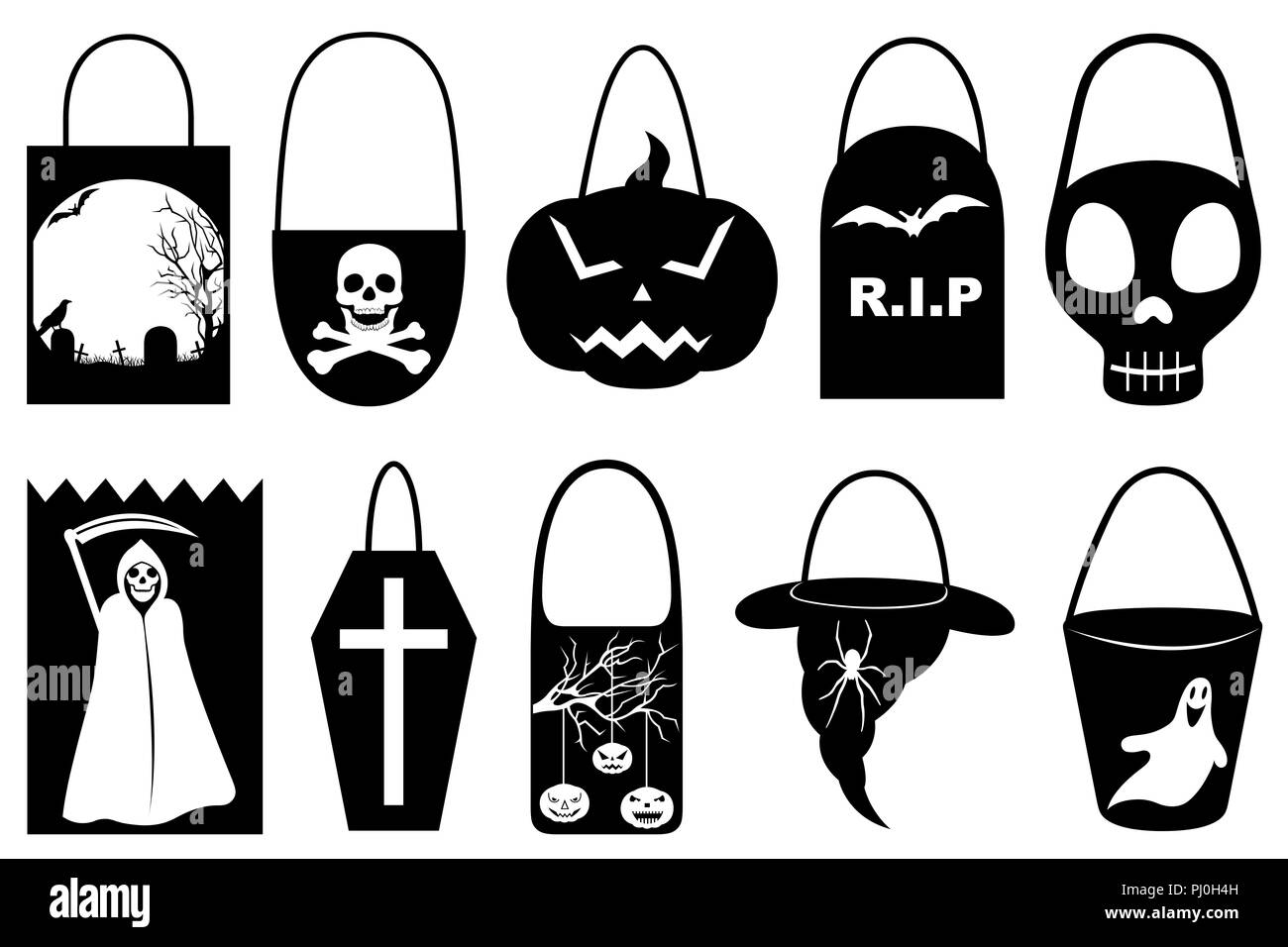 Satz von verschiedenen Halloween Trick oder Taschen behandeln isoliert auf weißem Stockfoto