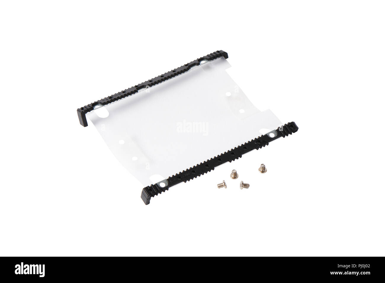 HDD-Montage Halterung und Schrauben für Laptop, isoliert auf weißem Stockfoto