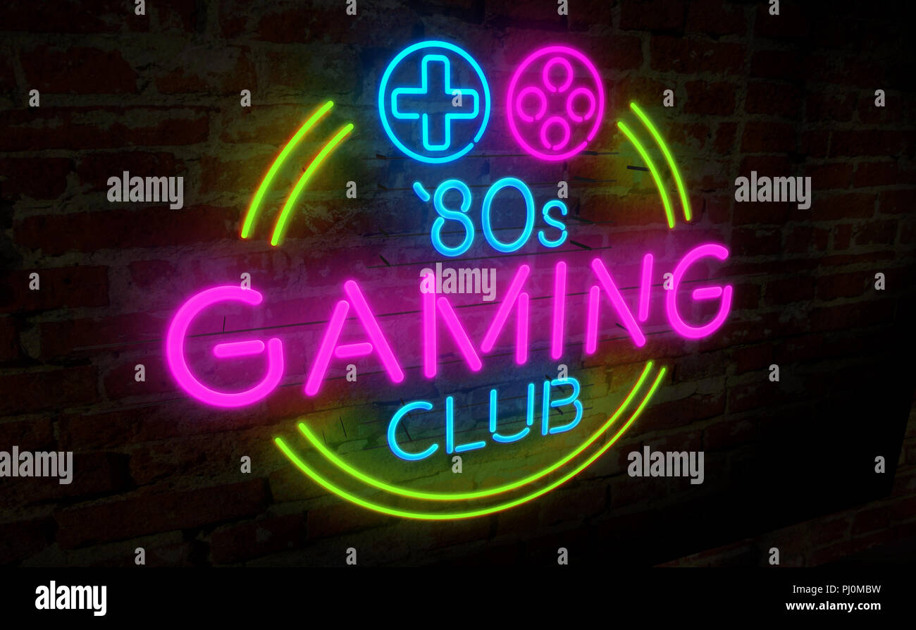 Spielsaal 80s Retro neon 3d-Abbildung. Elektrische Symbol und Schriftzug auf Ziegel Wand Hintergrund. Vintage spiel Konzept. Stockfoto