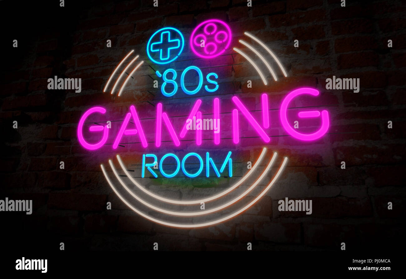 Spielsaal 80s Retro neon 3d-Abbildung. Elektrische Symbol und Schriftzug auf Ziegel Wand Hintergrund. Vintage spiel Konzept. Stockfoto
