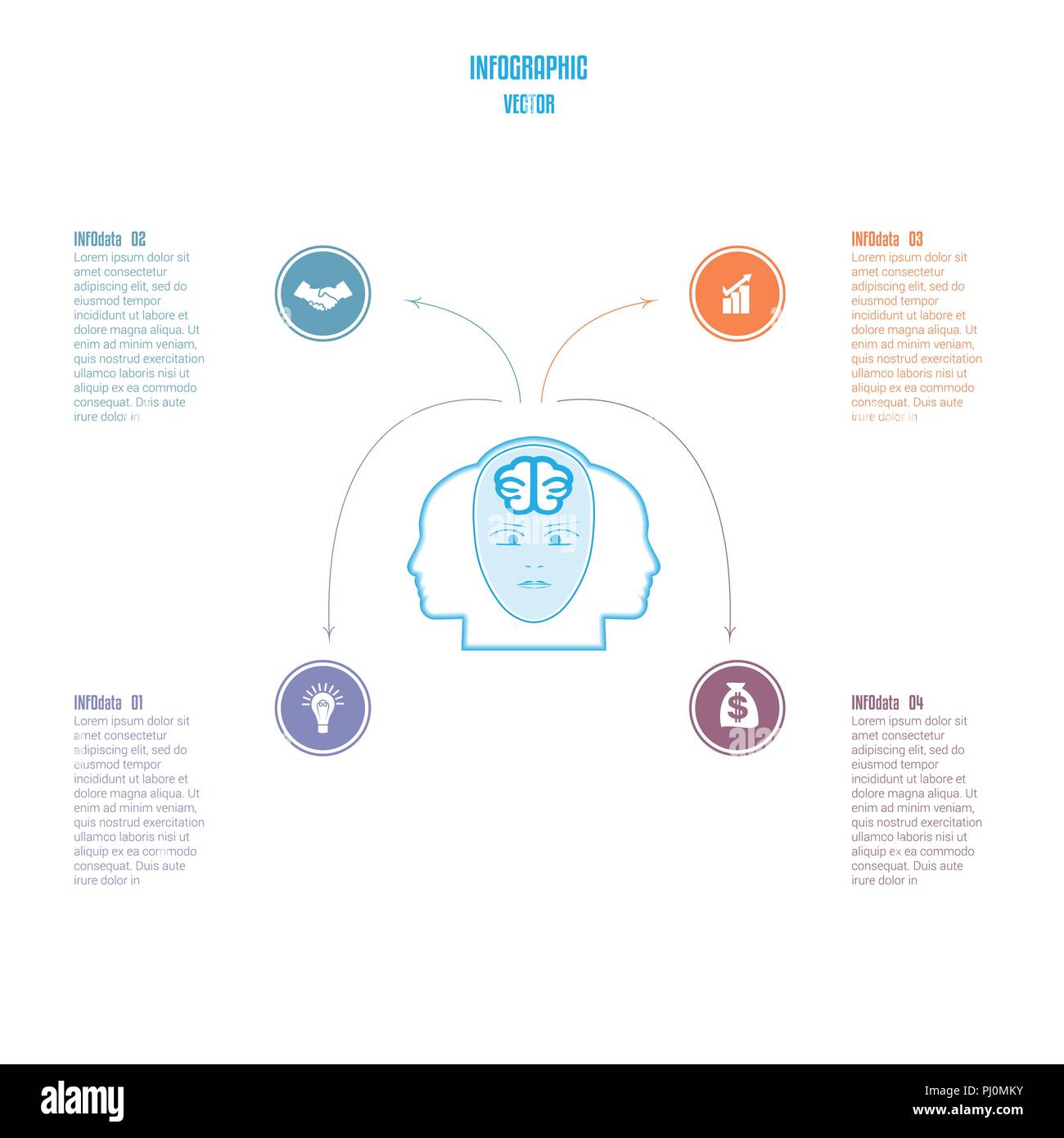 Elemente für die Vorlage. Brain Storm Infografiken Business Konzept für 4 Optionen, Teile oder Prozesse. Pfeile vom Kopf der Person, ein Platz für die t Stock Vektor