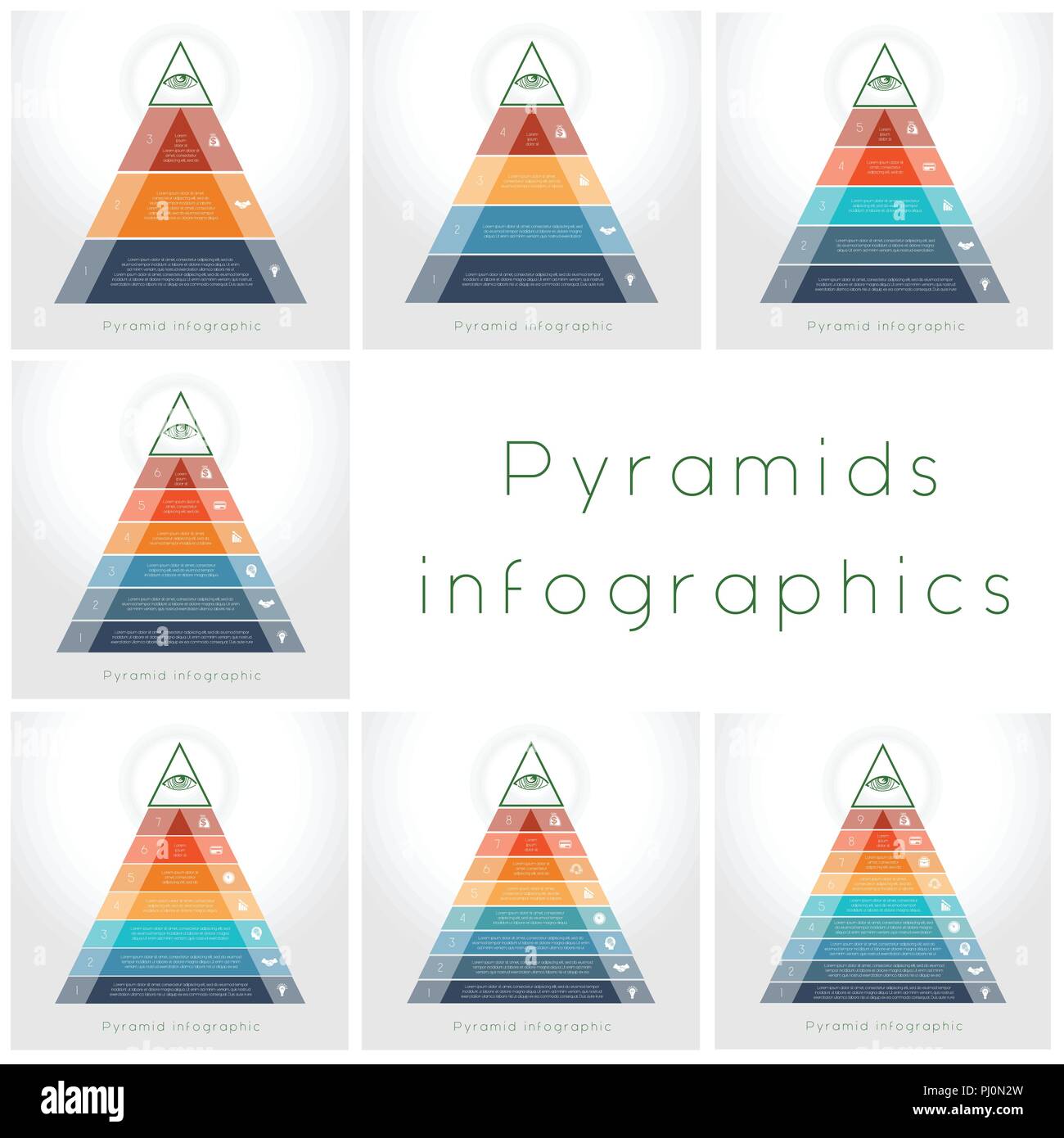 Templateі Infografik Business Process bunten Pyramiden für Textbereich auf 3, 4, 5, 6, 7, 8, 9 Positionen Stock Vektor