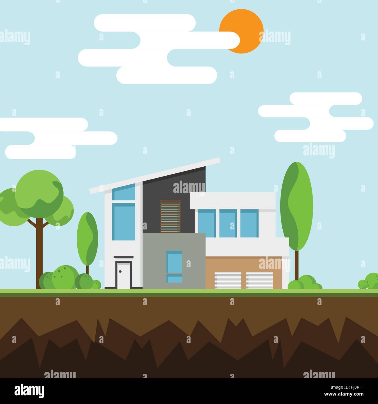 Eine moderne Häuser und Umgebung mit Bäumen, Wolken, Vögel und entlang der Straßen, modernes Gebäude und Architektur, Flach home Vector Illustration. Stock Vektor