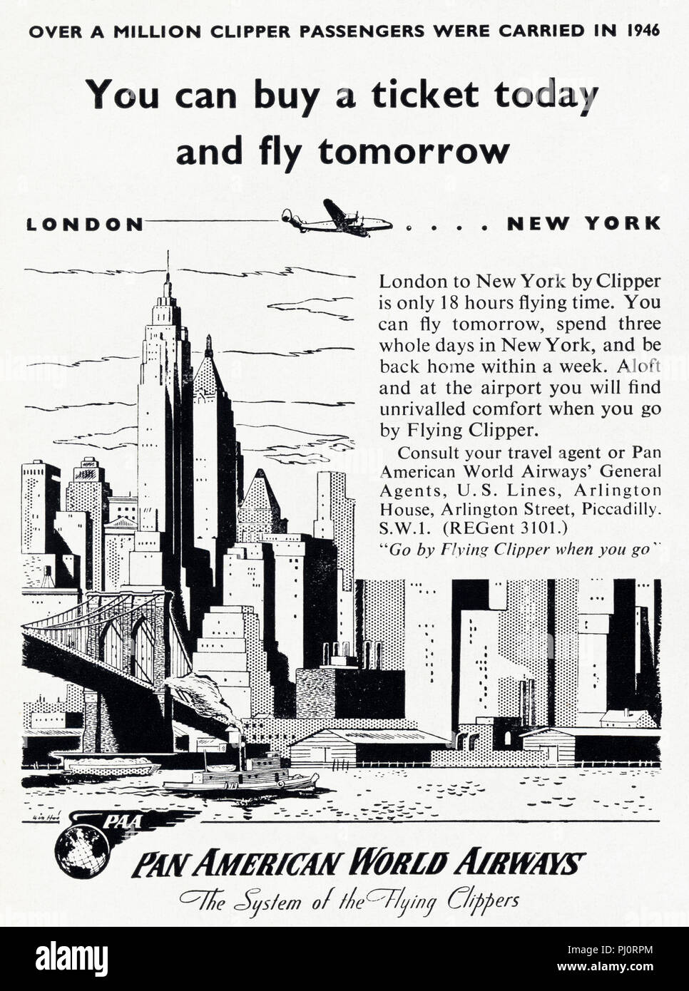 1940er Jahre alten Vintage original advert Werbung London nach New York durch Pan American World Airways in Englisch Magazin ca. 1947 Stockfoto