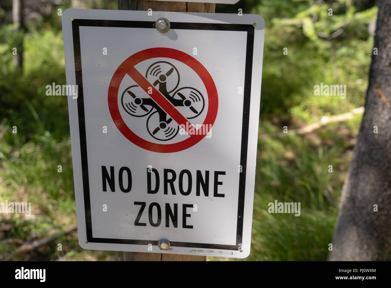 Kein drone zone restriktive Zeichen verhindert, dass Fliegen ein quadcopter Stockfoto