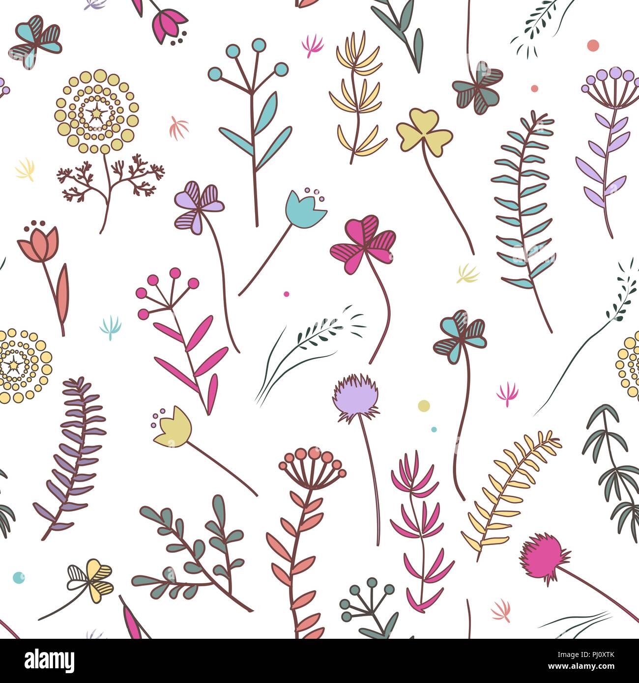 Herbst Blumen nahtlose Muster. Doodle wilde Blumen, nahtlose Muster mit gemalten Feld Pflanzen, pflanzliche Ornament, Botanische Illustration in Vintage s Stock Vektor