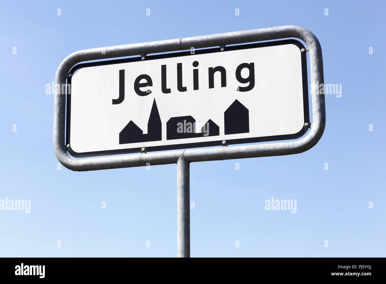 Jelling City Road Sign in Dänemark Stockfoto