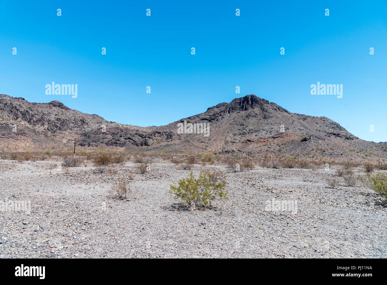 Meistens unfruchtbar heiße, trockene Wüste Landschaft unter blauem Himmel. Stockfoto