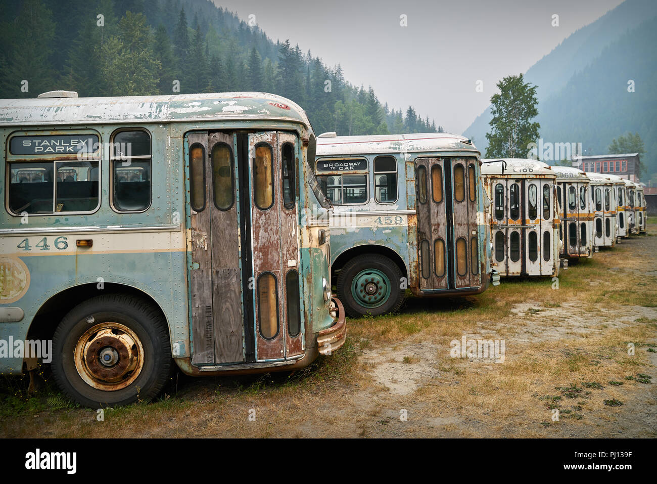 Sandon Busse, British Columbia. Sandon, British Columbia/Kanada - 24. August 2018: Die alten Busse in den Kootenay Ghost Town von Sandon, BC geparkt. Stockfoto