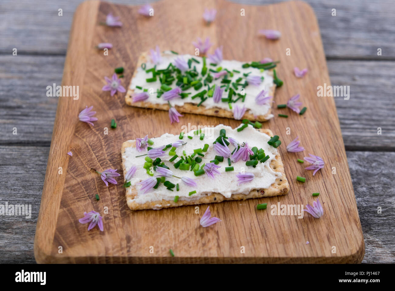 Zwei Molkerei- und laktosefreie vegane Sahne Schmelzkäse von Cashew und Macadamianüsse auf Cracker mit frischen gehackten Schnittlauch und genießbare Schnittlauch Blüte Stockfoto