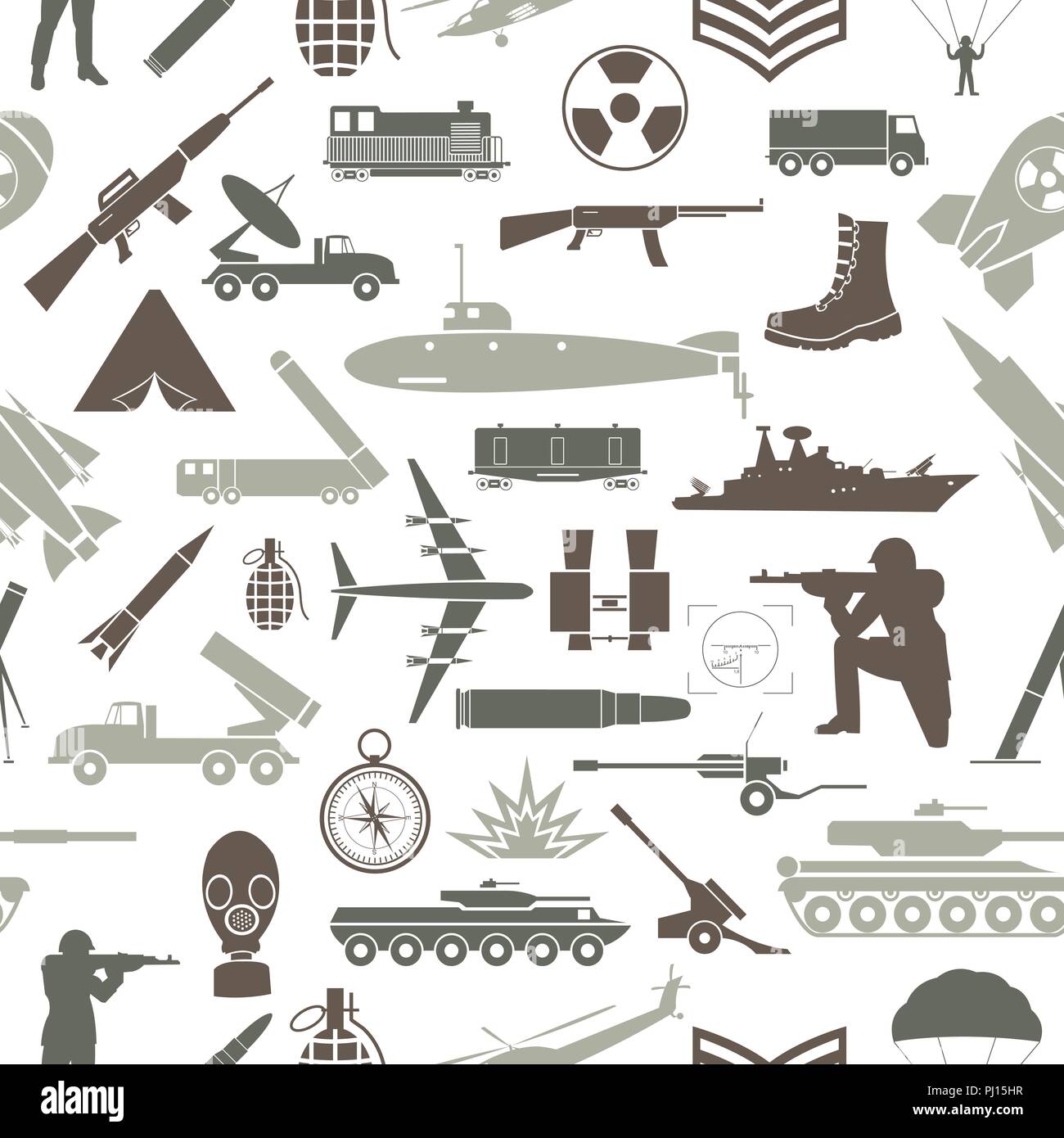 Militärischen Hintergrund. Nahtlose Muster. Militärische Elemente, gepanzerte Fahrzeuge. Vector Illustration Stock Vektor