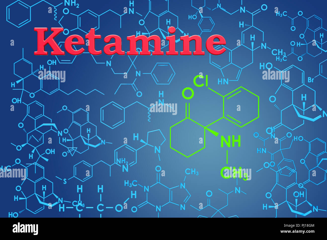 Ketamin. Die chemische Formel, der molekularen Struktur. 3D-Rendering Stockfoto
