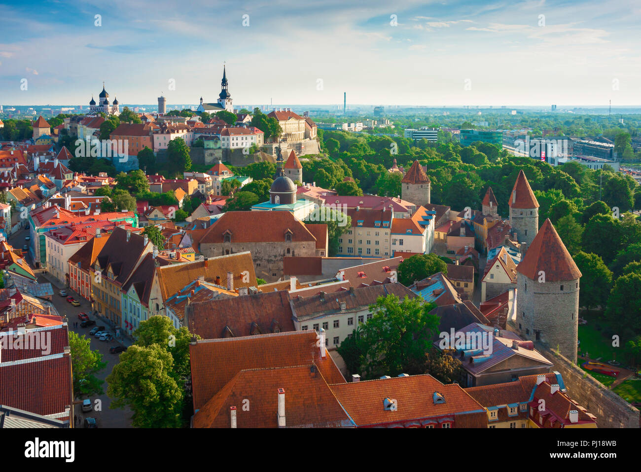 Tallinn-Dach, Blick über die malerischen orangefarbenen Ziegeldächer des mittelalterlichen Altstadtviertels und der Unterstadt-Mauer (rechts) im Zentrum von Tallinn, Estland Stockfoto