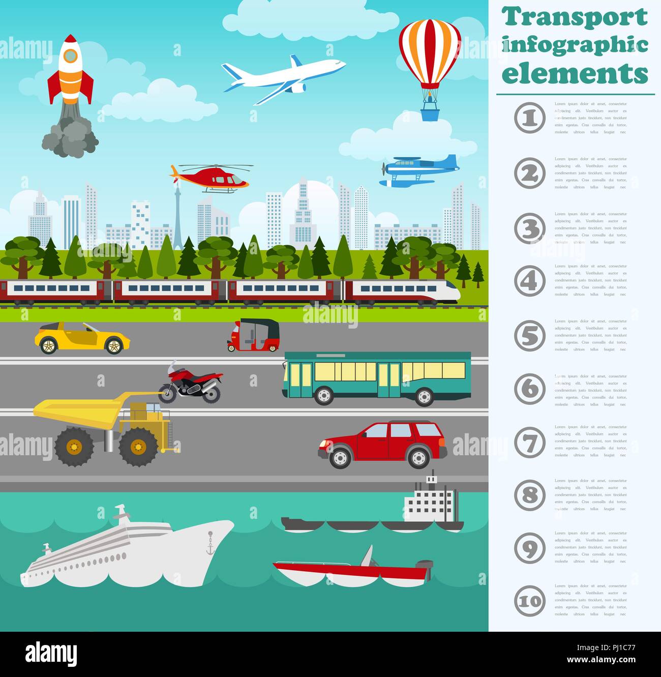 Transport Infografiken Elemente. Pkw, Lkw, öffentlichen, Luft, Wasser, Schienenverkehr. Im Retrostil Abbildung. Vektor Stock Vektor