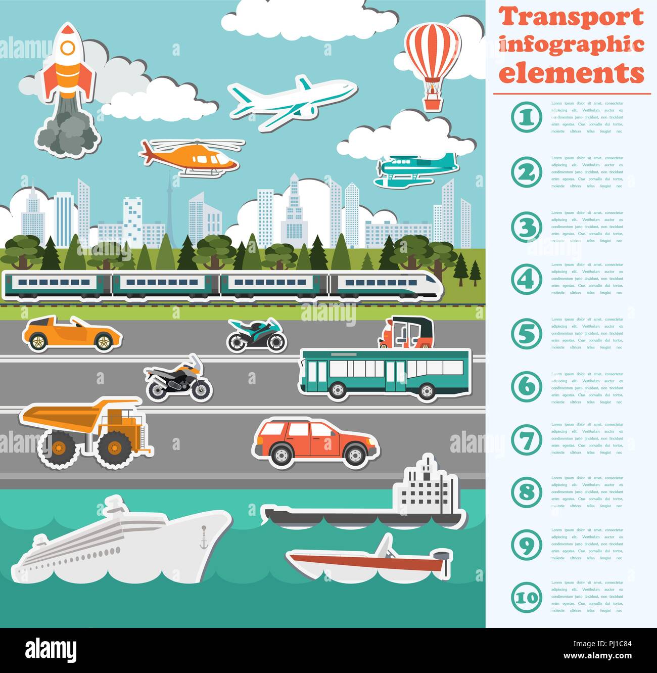 Transport Infografiken Elemente. Pkw, Lkw, öffentlichen, Luft, Wasser, Schienenverkehr. Im Retrostil Abbildung. Vektor Stock Vektor