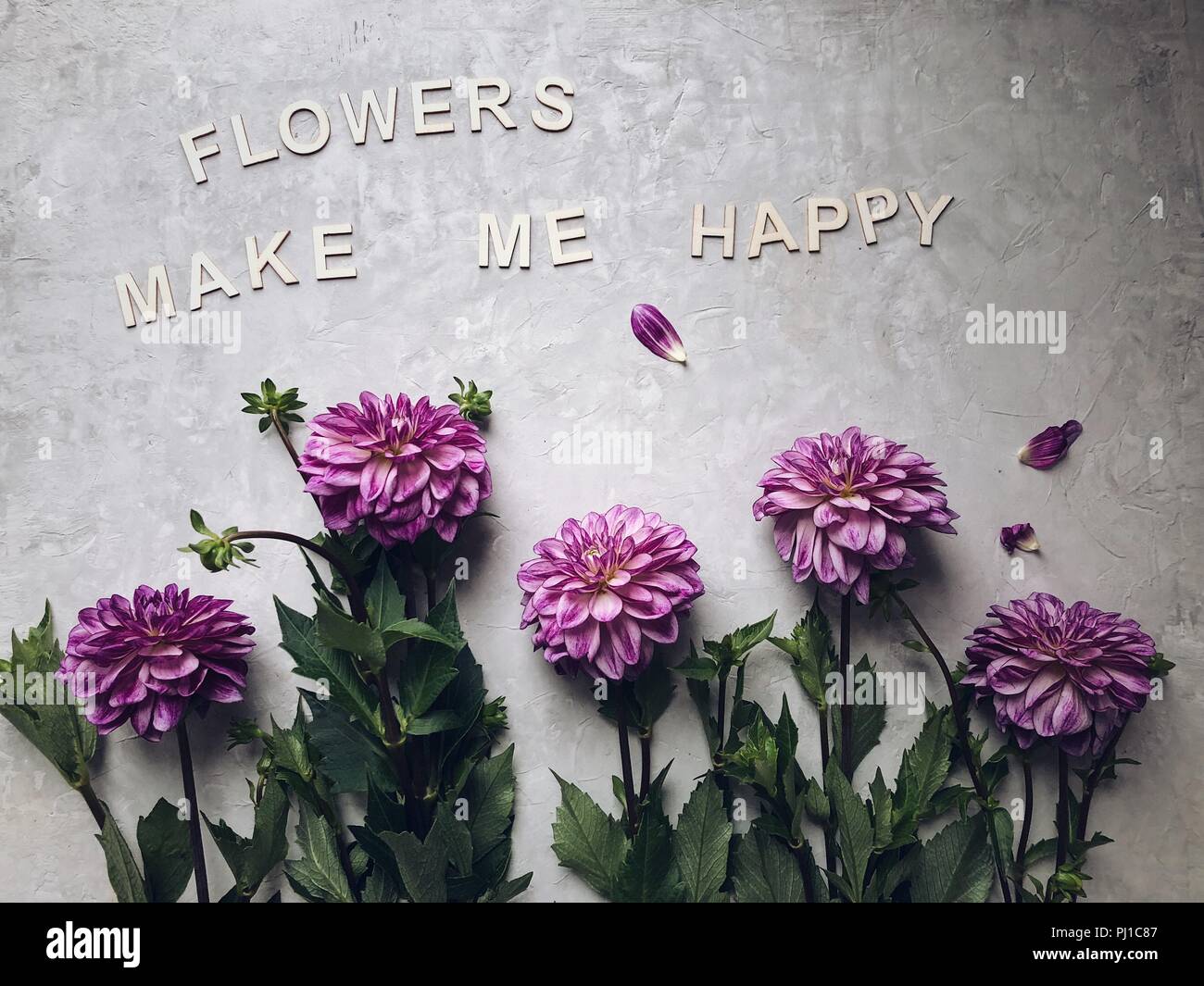 Blumen machen mich glücklich Anordnung mit Dahlien Stockfoto