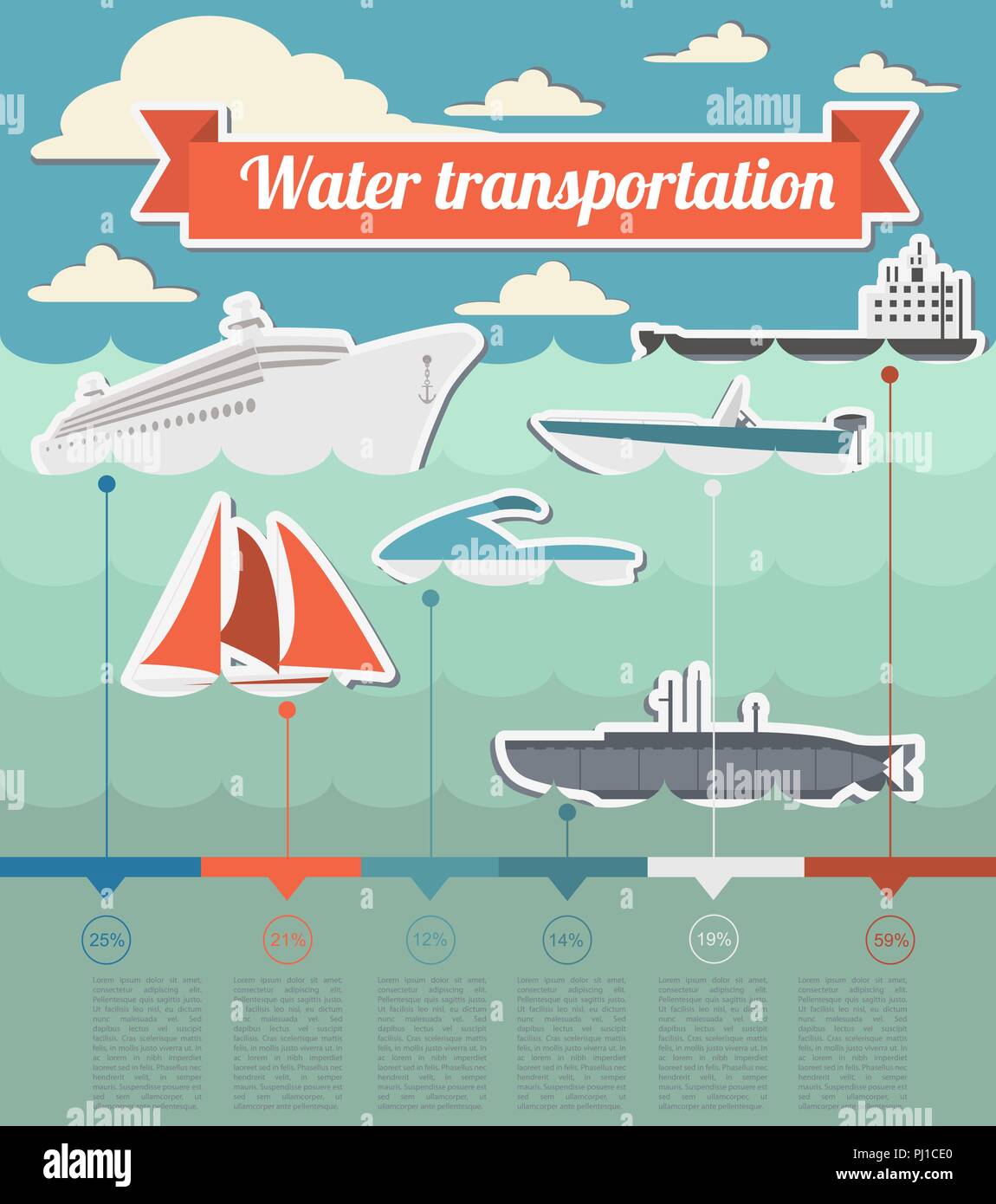 Transport zu Wasser Infografiken Elemente. Nautische. Im Retrostil Abbildung. Vektor Stock Vektor