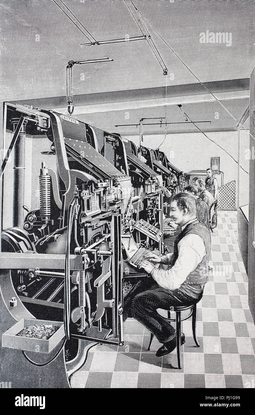 Linotype Simplex Maschine 1895, eine Linie der Gießmaschine im Druck durch die mergenthaler Linotype Unternehmen verkauft werden, digital verbesserte Reproduktion eines woodprint aus dem Jahr 1890 Stockfoto