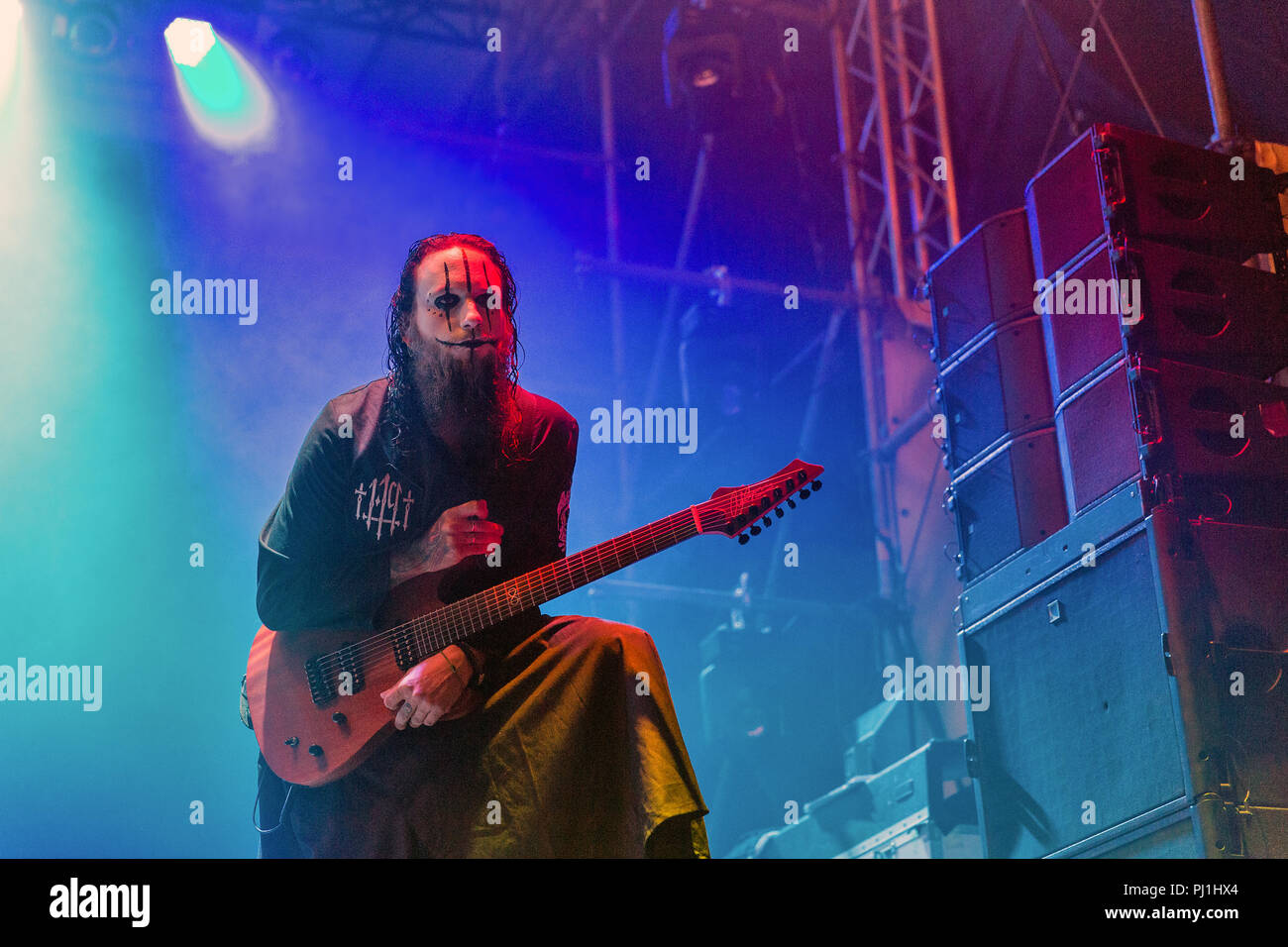 Kiew, Ukraine - Juli 08, 2018: Lacuna Coil, Italienische Gothic Metal Rock Band live im Atlas Wochenende Festival in nationalen Expocentre. Stockfoto
