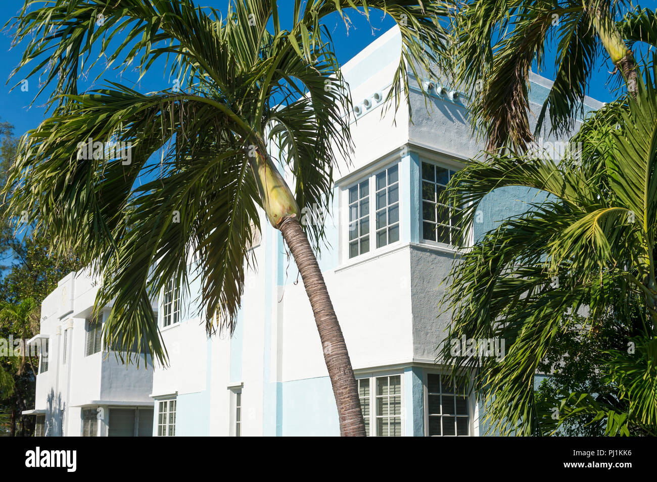 Typische pastell-colorfed 1930s Art Deco Architektur mit Palmen in Miami, Florida Stockfoto