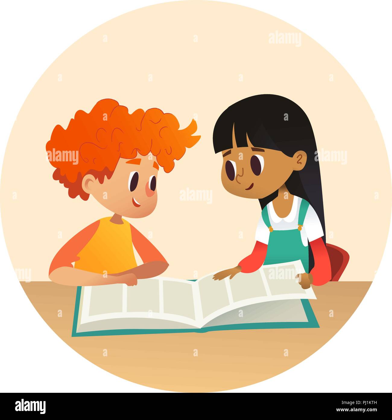 Junge Und Madchen Lesen Buch Und Reden Miteinander In Der Schule Bibliothek Schule Kinder Diskutieren Geschichte In Runden Rahmen Cartoon Vector Illustration Fur Banner Poster Stock Vektorgrafik Alamy
