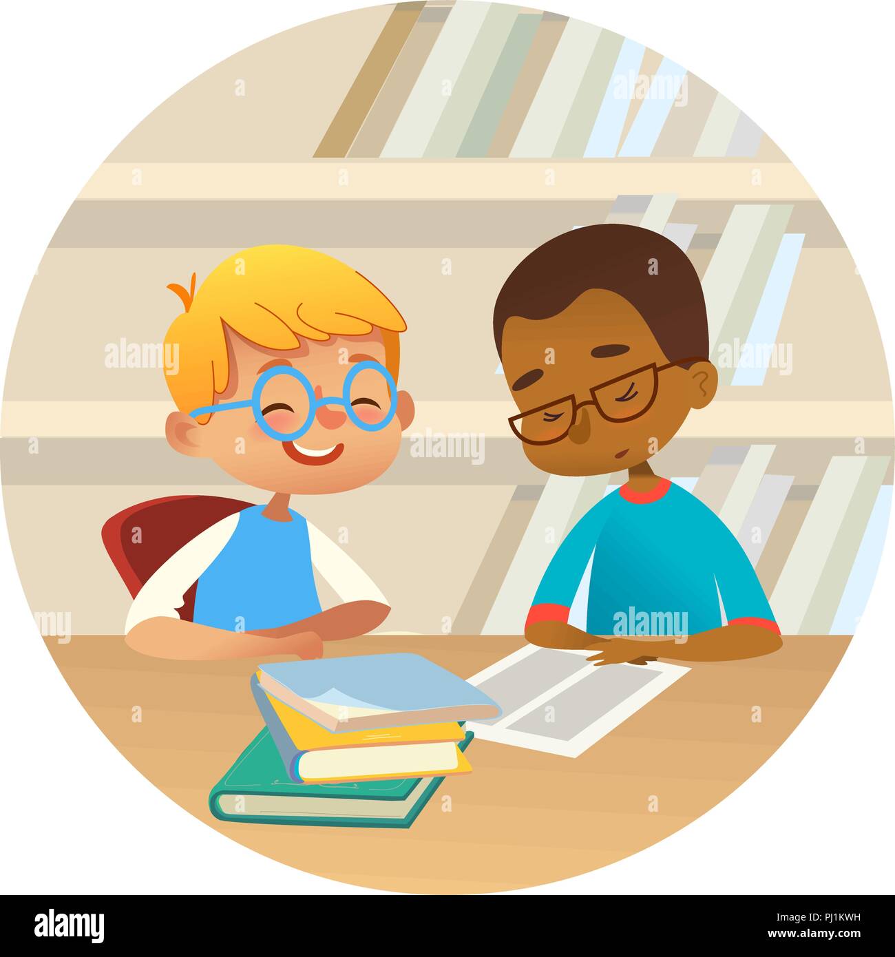 Lachelnd Multirassischen Jungen Bucher Lesen Und Reden Miteinander In Der Schule Bibliothek Schule Kinder Diskutieren Literatur In Runden Rahmen Cartoon Vector Illustration Fur Banner Poster Stock Vektorgrafik Alamy