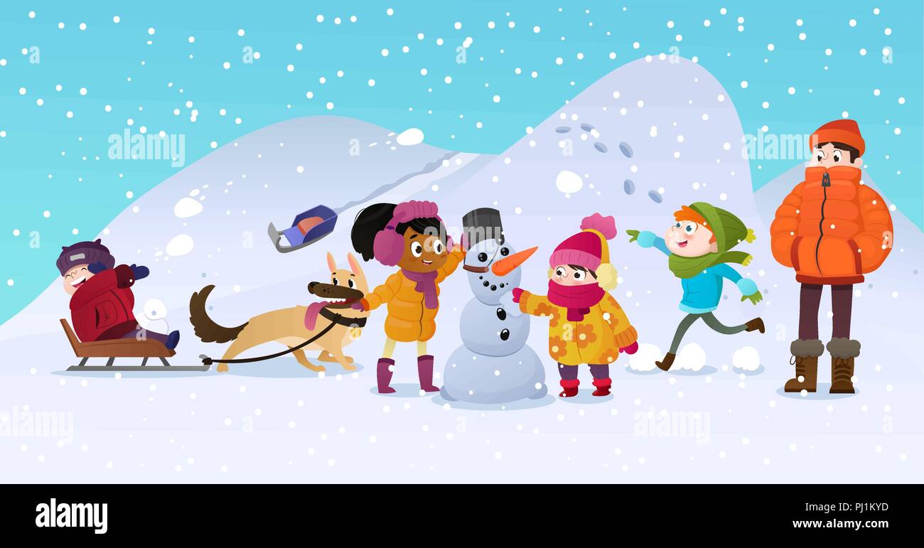 Vector Illustration der multirassischen Kinder im Freien spielen. Mädchen und Jungen der Schneemann im Winter, Kinder beim Spielen in Schneebälle, Rodeln, spielen mit Hund. Mentor Mann kümmert sich um die Kinder. Stock Vektor