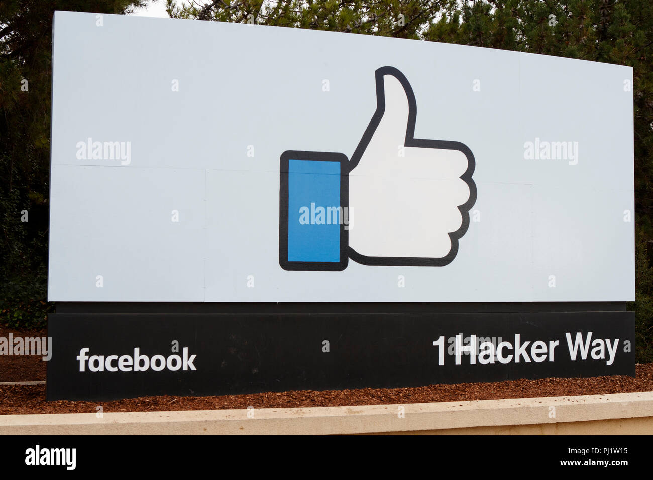 Wie Zeichen außerhalb von Facebook Headquarters, 1 Hacker, Menlo Park, Kalifornien, Vereinigte Staaten von Amerika Stockfoto
