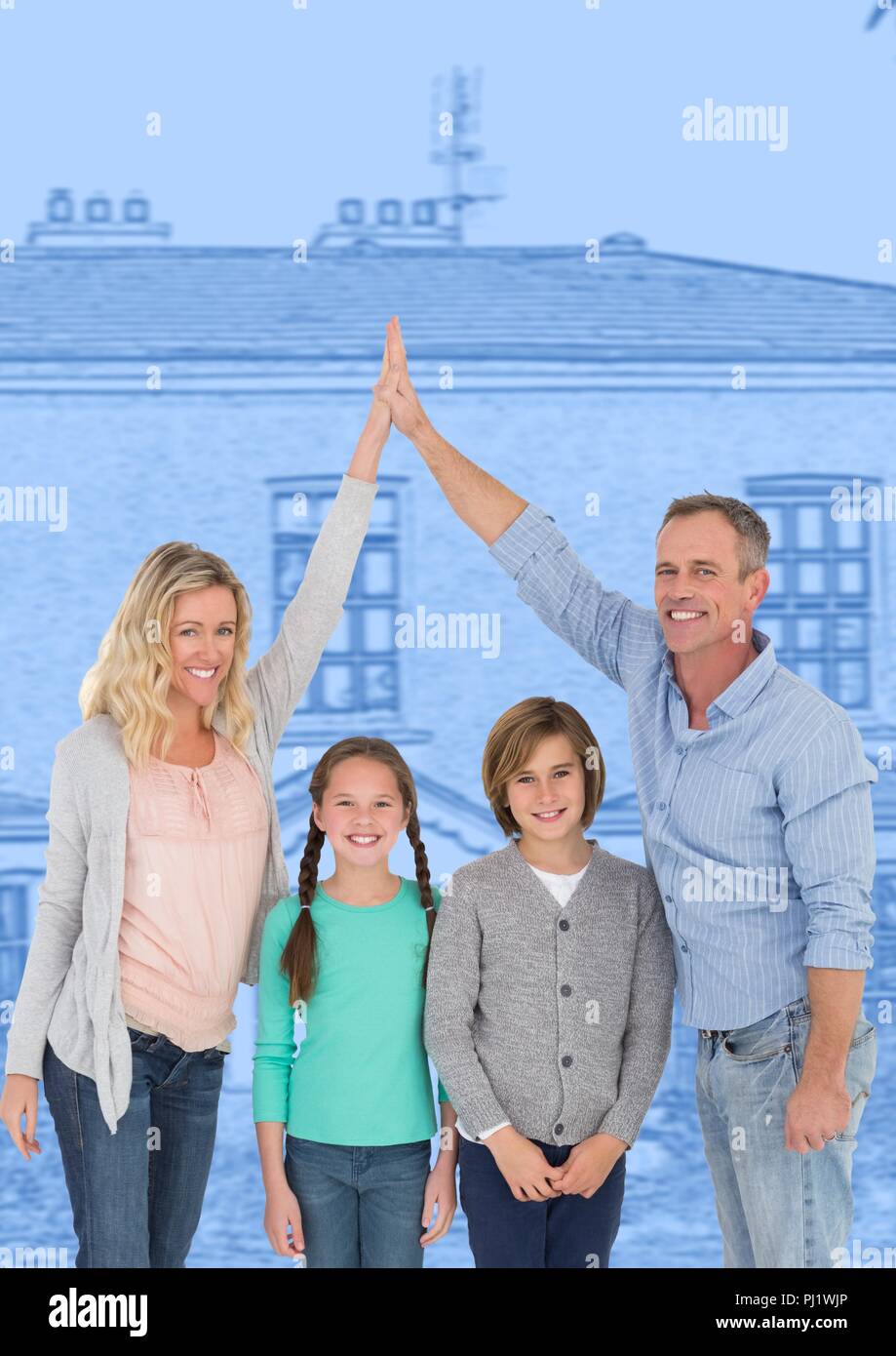 Familie vor dem Haus Zeichnung Skizze Stockfoto