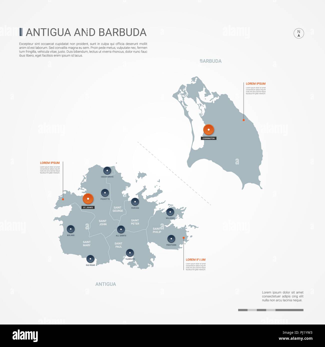 Antigua und Barbuda Karte mit Grenzen, Städte-, Kapital- und administrativen Abteilungen. Infografik Vektorkarte. Bearbeitbare Layer deutlich gekennzeichnet. Stock Vektor