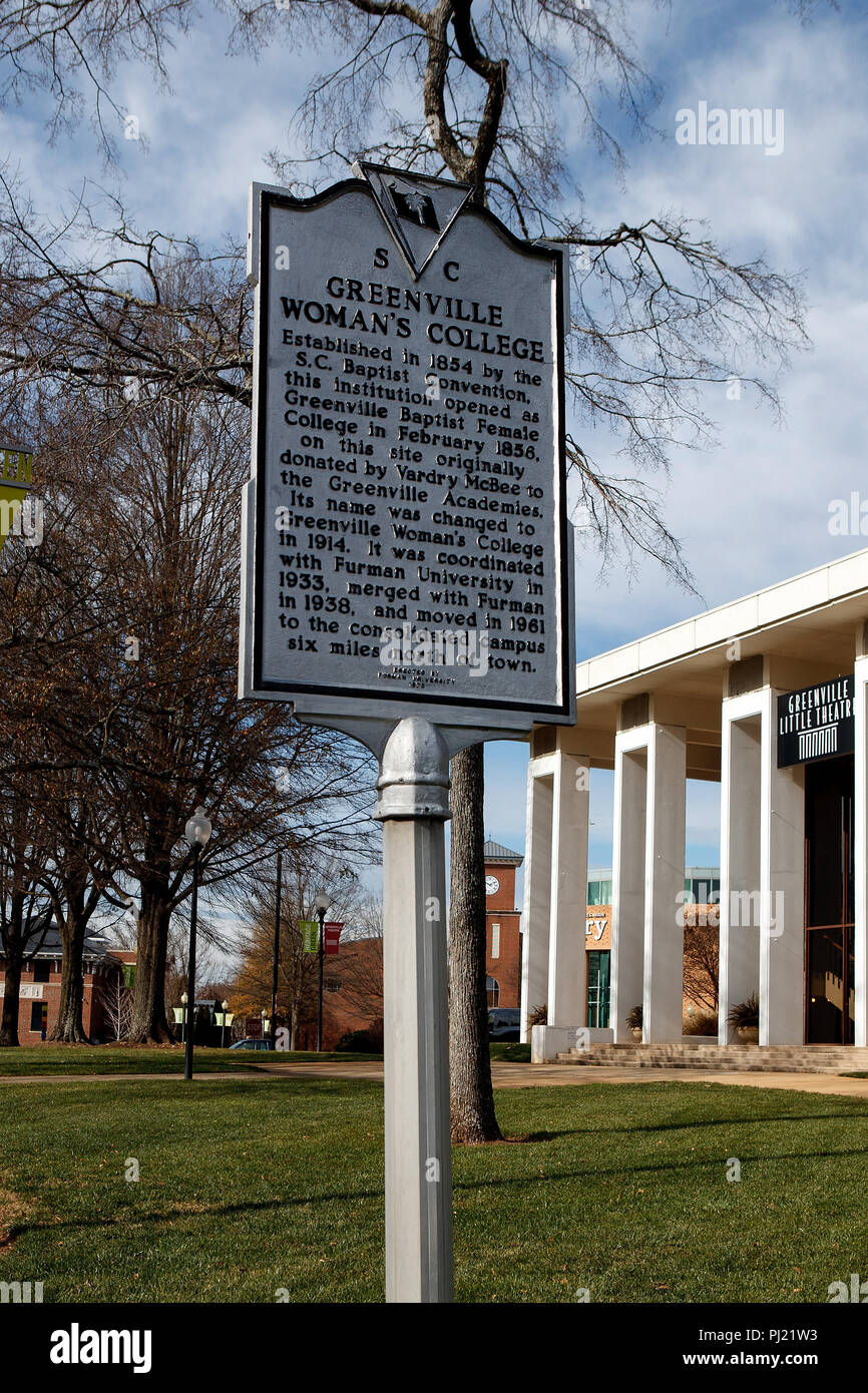 GREENVILLE'S FRAU COLLEGE gegründet im Jahre 1854 durch den S.C. Baptist Convention, diese Institution als Greenville Täufer weibliche Hochschule im Februar 1856, auf dieser Seite ursprünglich von Vardry McBee für die Greenville Akademien gestiftet geöffnet. Sein Name wurde nach Greenville Woman's College im Jahr 1914 geändert. Es wurde mit der Furman University im Jahr 1933 koordinierte, verschmolzen mit Furman 1938, 1961 zog in die konsolidierte Campus 6 Meilen nördlich der Stadt. Von der Furman University, 1975 errichtet. Stockfoto